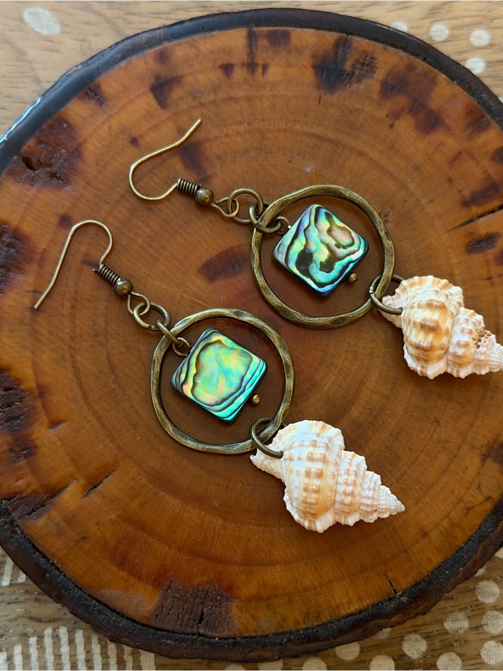 New Beautiful Square Abalone, Conch Shell & Bronze Hoop Earrings